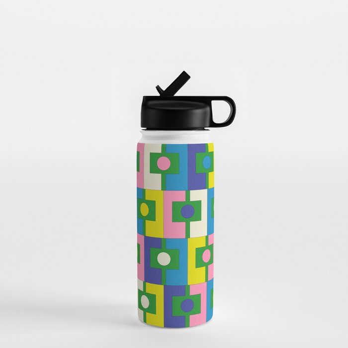 Mid Century Modern Colorful Rektangel Maximalist Pattern Green Pink Yellow Blue Water Bottle Gallery Image 1