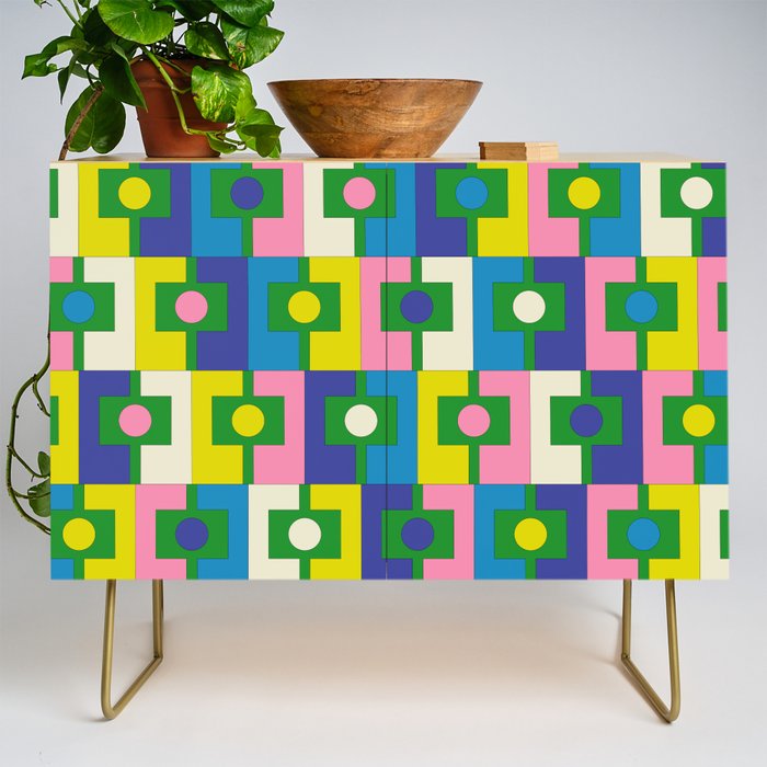 Mid Century Modern Colorful Rektangel Maximalist Pattern Green Pink Yellow Blue Credenza Gallery Image 1