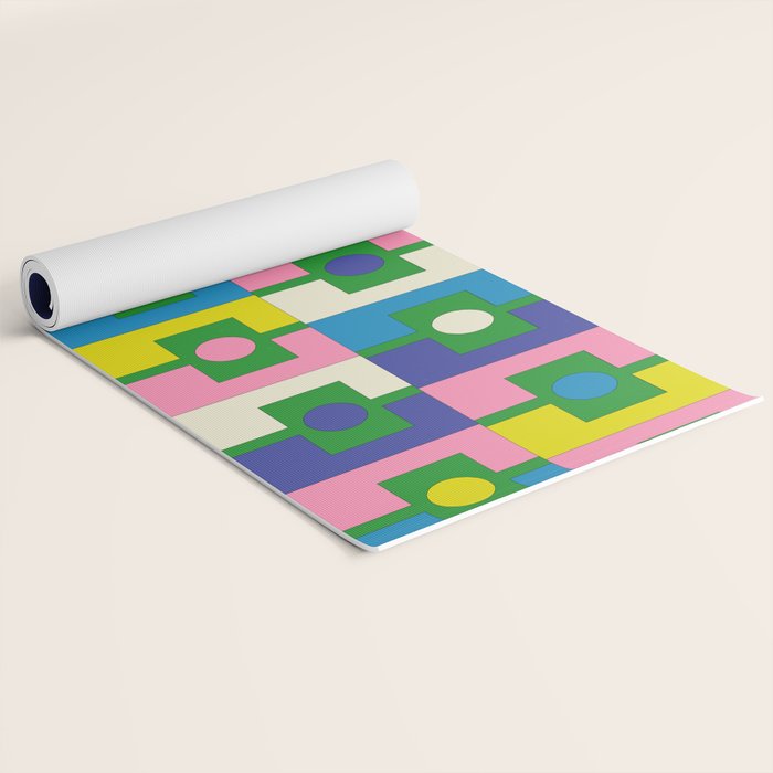 Mid Century Modern Colorful Rektangel Maximalist Pattern Green Pink Yellow Blue Yoga Mat Gallery Image 2