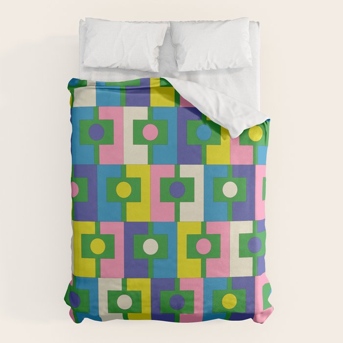Mid Century Modern Colorful Rektangel Maximalist Pattern Green Pink Yellow Blue Duvet Cover Gallery Image 6