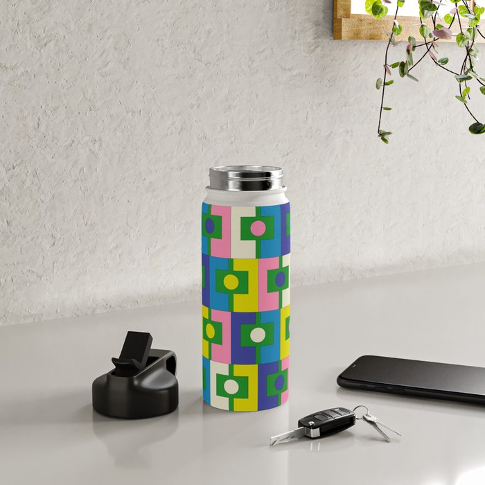 Mid Century Modern Colorful Rektangel Maximalist Pattern Green Pink Yellow Blue Water Bottle Gallery Image 4