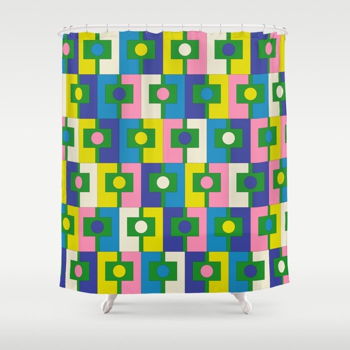 Mid Century Modern Colorful Rektangel Maximalist Pattern Green Pink Yellow Blue Shower Curtain Gallery Image 1