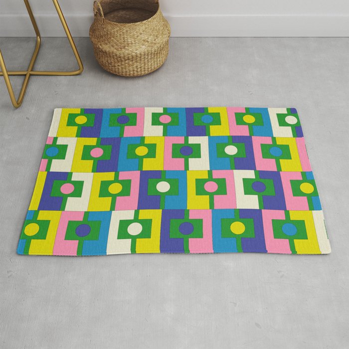 Mid Century Modern Colorful Rektangel Maximalist Pattern Green Pink Yellow Blue Rug Gallery Image 1
