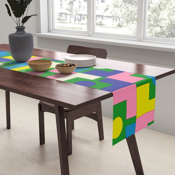 Mid Century Modern Colorful Rektangel Maximalist Pattern Green Pink Yellow Blue Table Runner Gallery Image 2