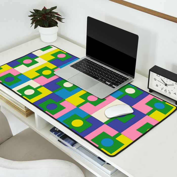 Mid Century Modern Colorful Rektangel Maximalist Pattern Green Pink Yellow Blue Desk Mat Gallery Image 2