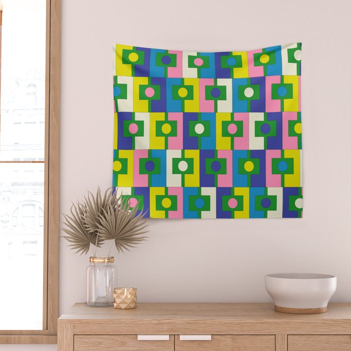 Mid Century Modern Colorful Rektangel Maximalist Pattern Green Pink Yellow Blue Wall Tapestry Gallery Image 2