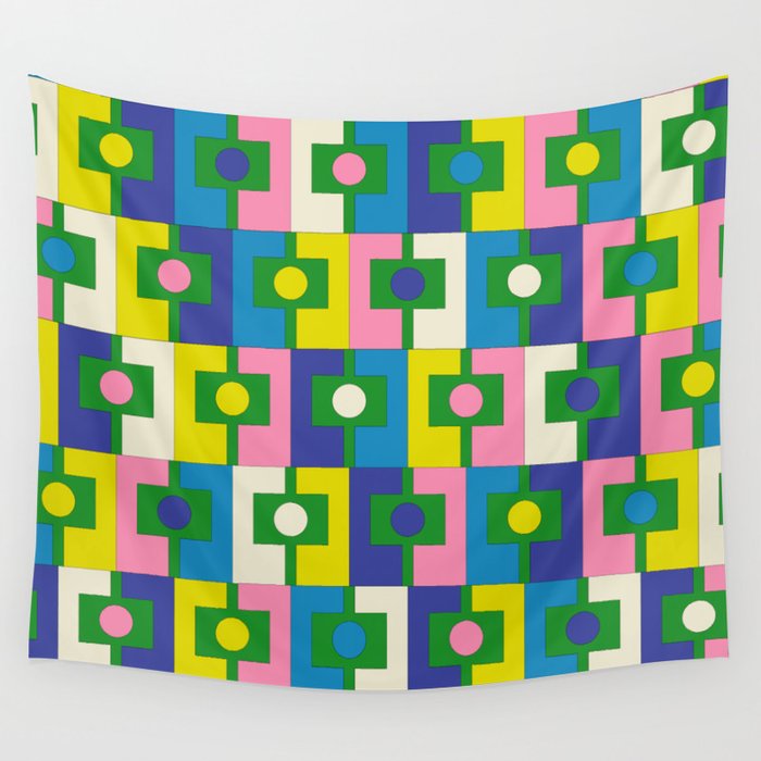 Mid Century Modern Colorful Rektangel Maximalist Pattern Green Pink Yellow Blue Wall Tapestry Gallery Image 4