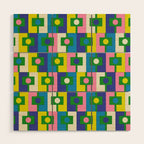 Mid Century Modern Colorful Rektangel Maximalist Pattern Green Pink Yellow Blue Wood Wall Art Gallery Image 1