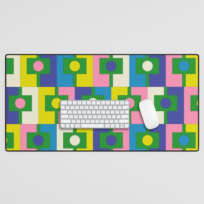 Mid Century Modern Colorful Rektangel Maximalist Pattern Green Pink Yellow Blue Desk Mat Gallery Image 1