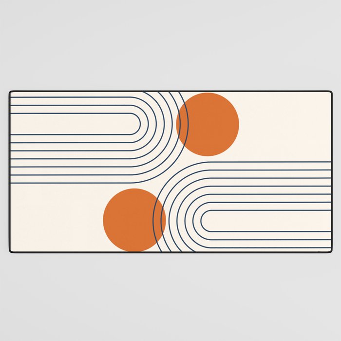 Mid Century Modern Geometric 88 in Navy Blue and Orange (Rainbow and Sun Abstraction) Desk Mat Gallery Image 3