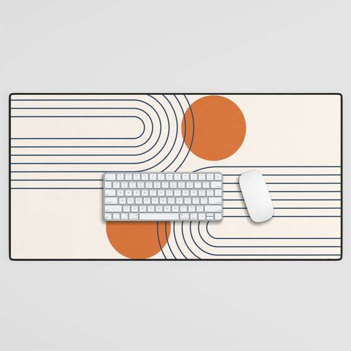Mid Century Modern Geometric 88 in Navy Blue and Orange (Rainbow and Sun Abstraction) Desk Mat Gallery Image 1