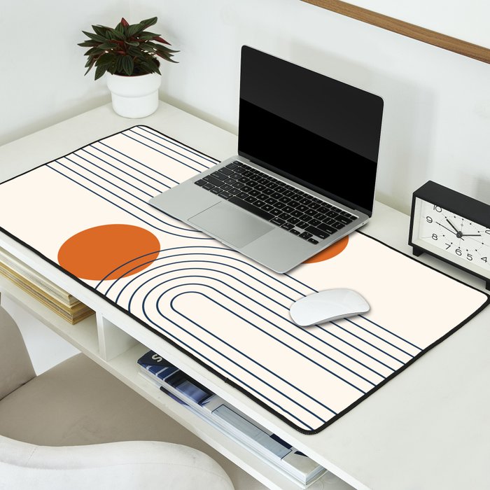 Mid Century Modern Geometric 88 in Navy Blue and Orange (Rainbow and Sun Abstraction) Desk Mat Gallery Image 2