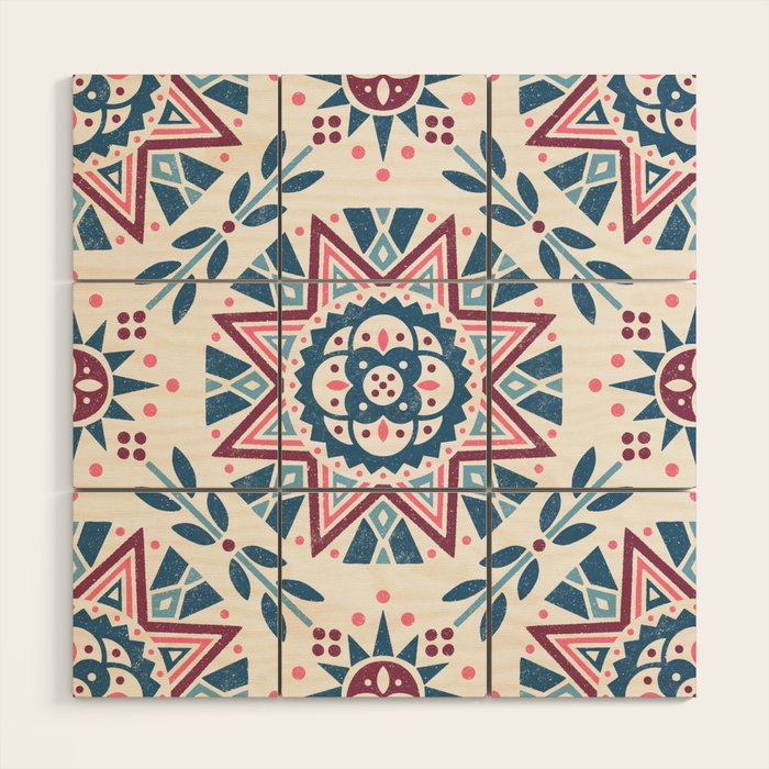 Folk Art Shapes Block Print - Blue and Burgundy Wood Wall Art Gallery Image 1