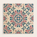 Folk Art Shapes Block Print - Blue and Burgundy Wood Wall Art Gallery Image 1