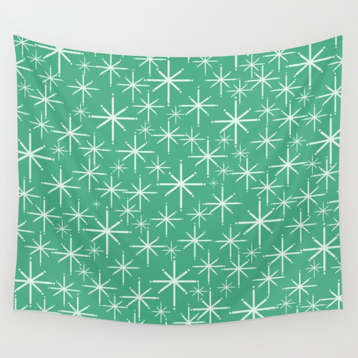 Mid Century Modern Twinkling Stars Retro Atomic Pattern in Green Teal Wall Tapestry Gallery Image 4