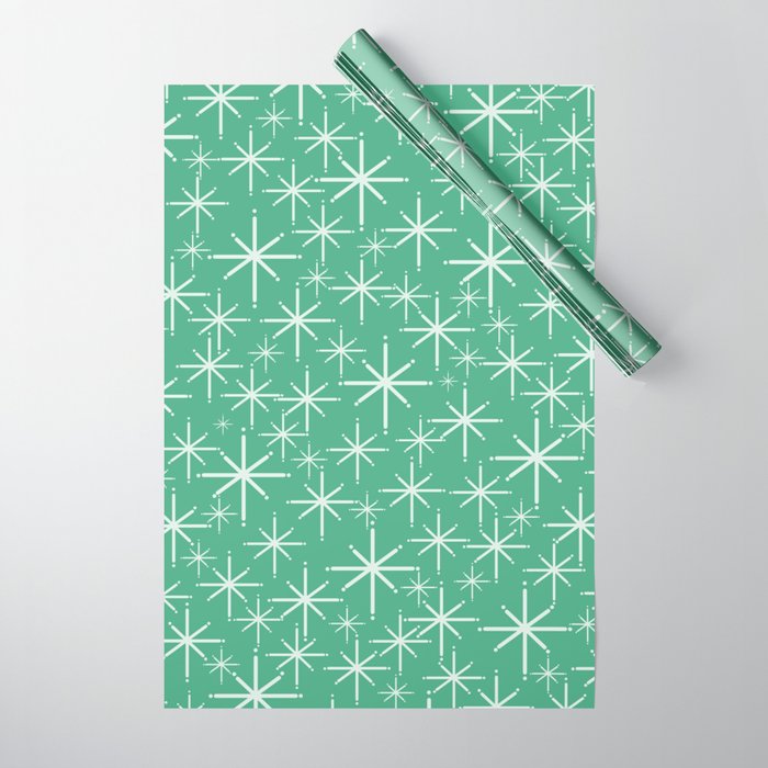 Mid Century Modern Twinkling Stars Retro Atomic Pattern in Green Teal Wrapping Paper Gallery Image 1