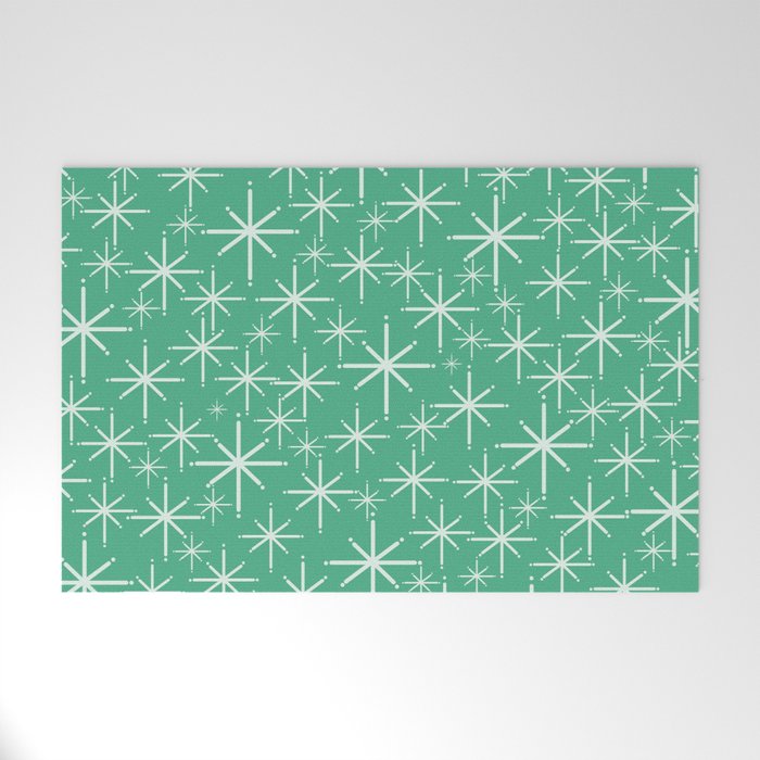 Mid Century Modern Twinkling Stars Retro Atomic Pattern in Green Teal Welcome Mat Gallery Image 1