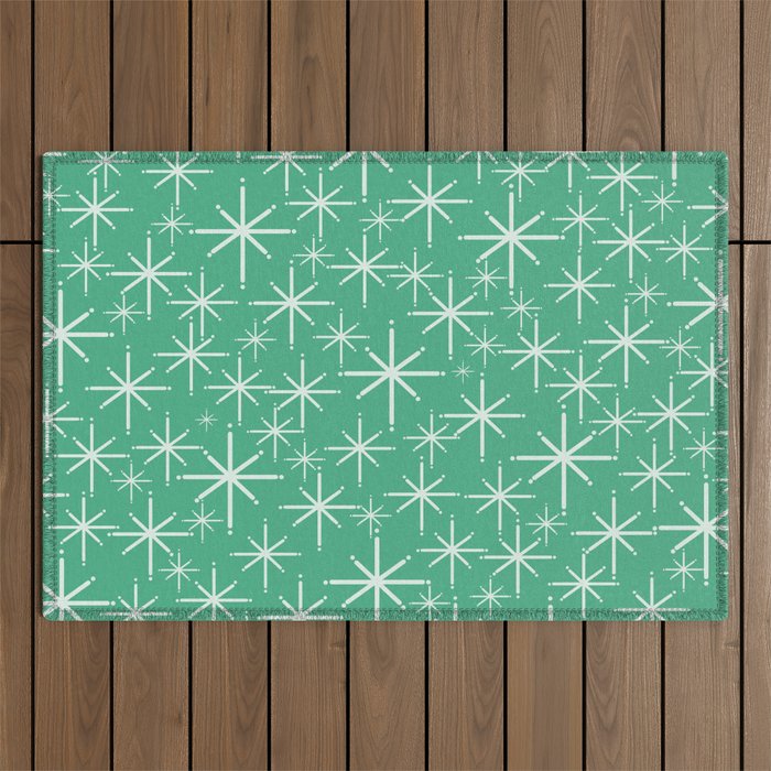 Mid Century Modern Twinkling Stars Retro Atomic Pattern in Green Teal Outdoor Rug Gallery Image 1