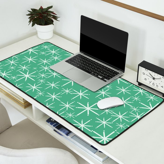 Mid Century Modern Twinkling Stars Retro Atomic Pattern in Green Teal Desk Mat Gallery Image 2