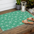 Mid Century Modern Twinkling Stars Retro Atomic Pattern in Green Teal Outdoor Rug Gallery Image 2