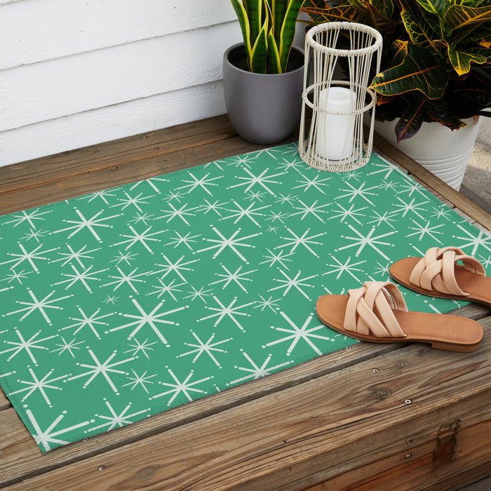 Mid Century Modern Twinkling Stars Retro Atomic Pattern in Green Teal Outdoor Rug Gallery Image 2