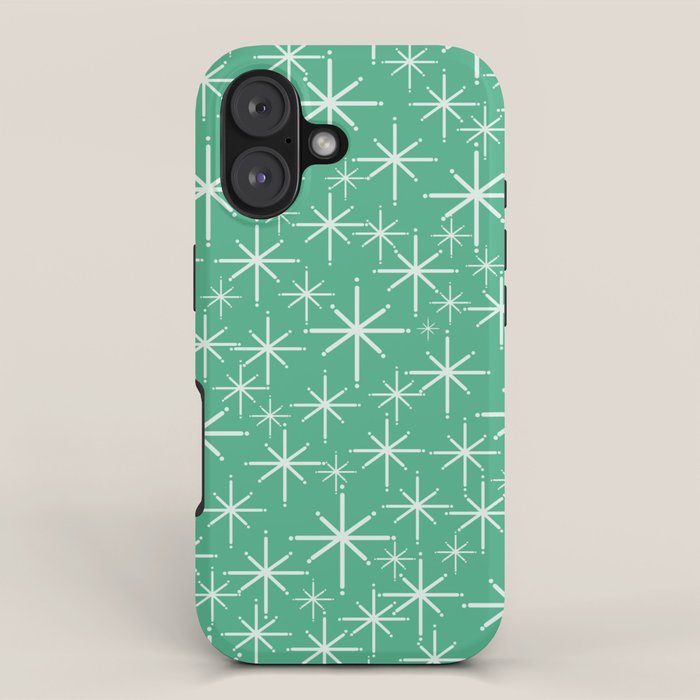 Mid Century Modern Twinkling Stars Retro Atomic Pattern in Green Teal iPhone Case Gallery Image 1