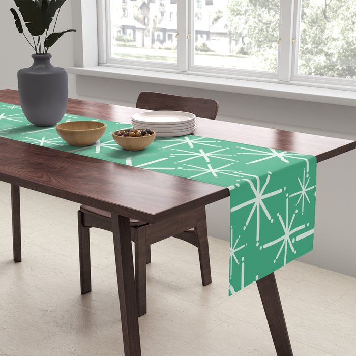 Mid Century Modern Twinkling Stars Retro Atomic Pattern in Green Teal Table Runner Gallery Image 2