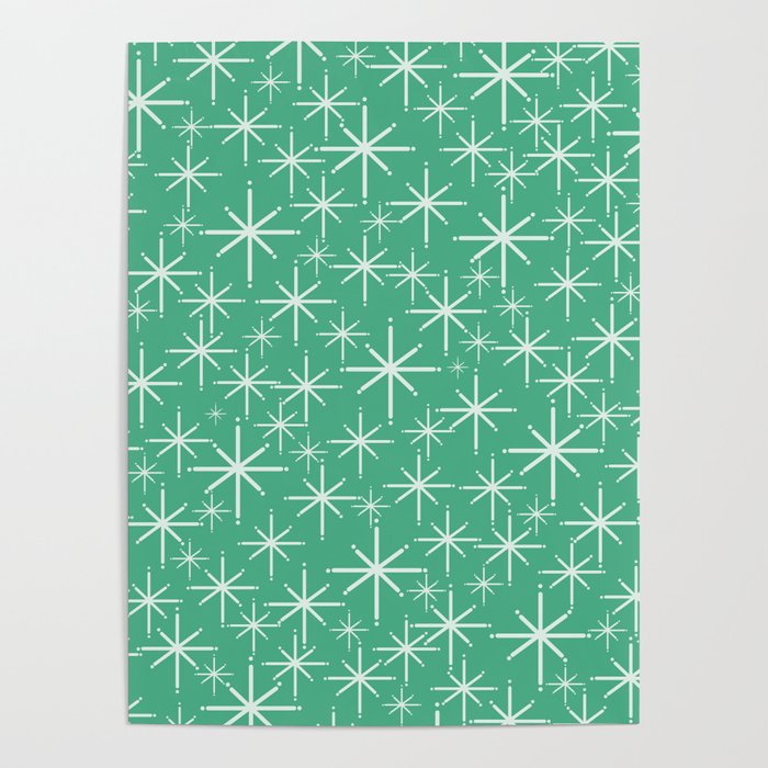 Mid Century Modern Twinkling Stars Retro Atomic Pattern in Green Teal Poster Gallery Image 4