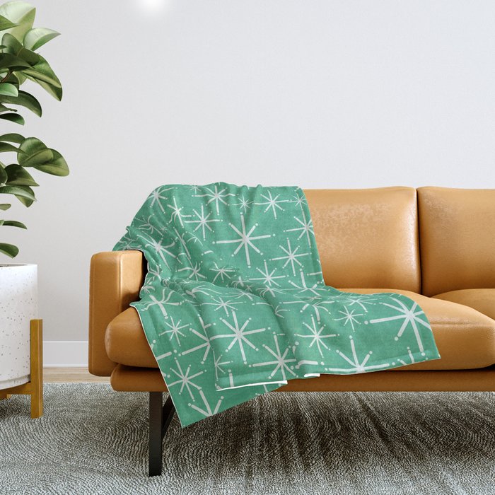 Mid Century Modern Twinkling Stars Retro Atomic Pattern in Green Teal Throw Blanket Gallery Image 1