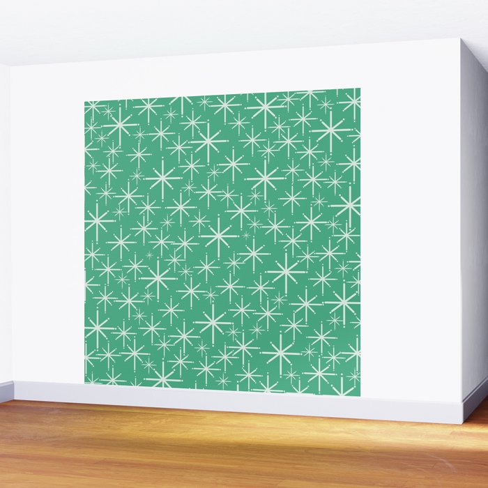 Mid Century Modern Twinkling Stars Retro Atomic Pattern in Green Teal Wall Mural Gallery Image 2