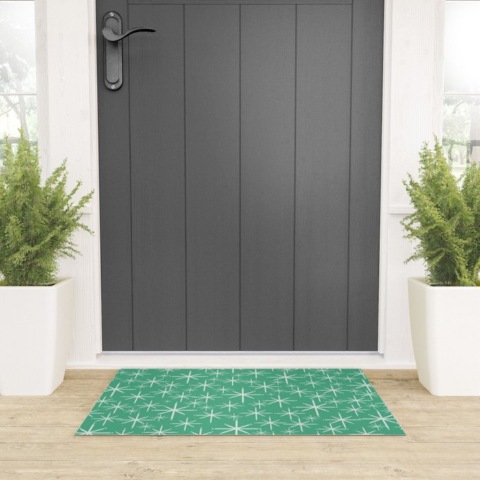 Mid Century Modern Twinkling Stars Retro Atomic Pattern in Green Teal Welcome Mat Gallery Image 3