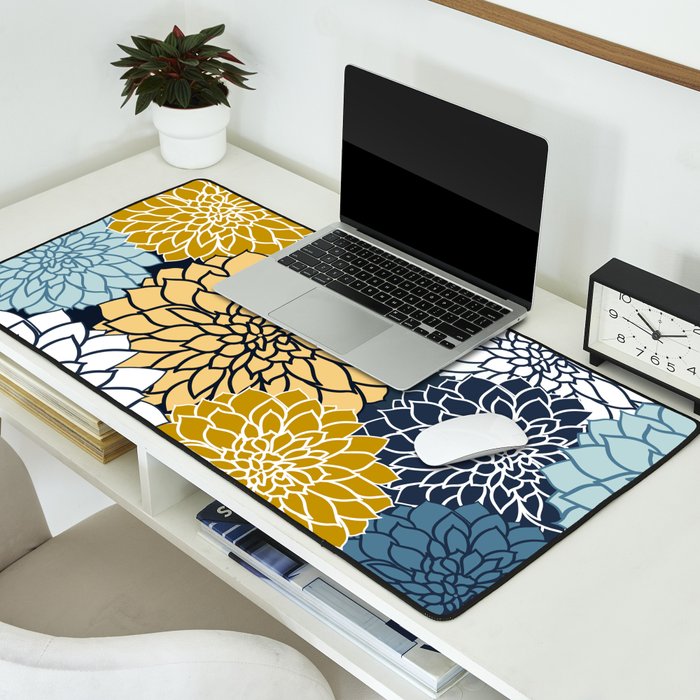 Chrysanthemum Willow, Floral Prints, Blue and Yellow Desk Mat Gallery Image 2