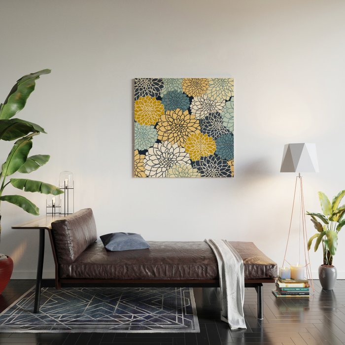 Chrysanthemum Willow, Floral Prints, Blue and Yellow Wood Wall Art Gallery Image 2