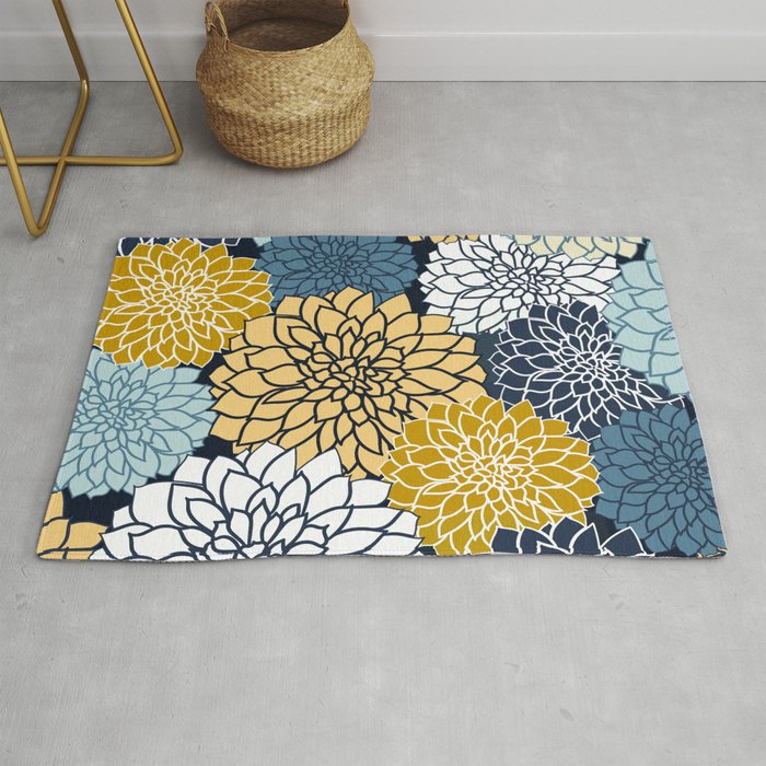 Chrysanthemum Willow, Floral Prints, Blue and Yellow Rug Gallery Image 1