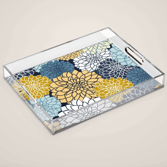 Chrysanthemum Willow, Floral Prints, Blue and Yellow Acrylic Tray Gallery Image 1