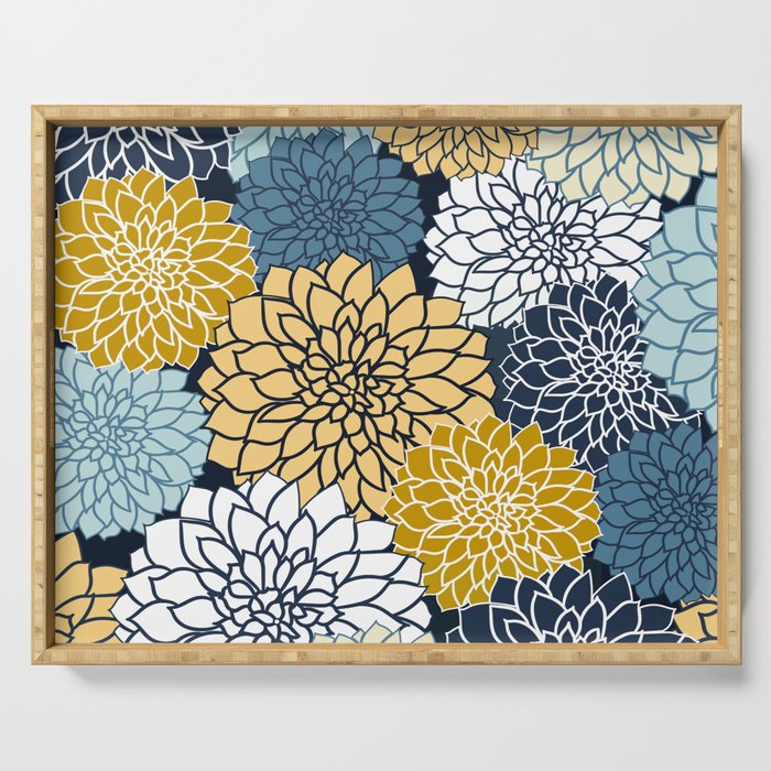 Chrysanthemum Willow, Floral Prints, Blue and Yellow Serving Tray Gallery Image 1