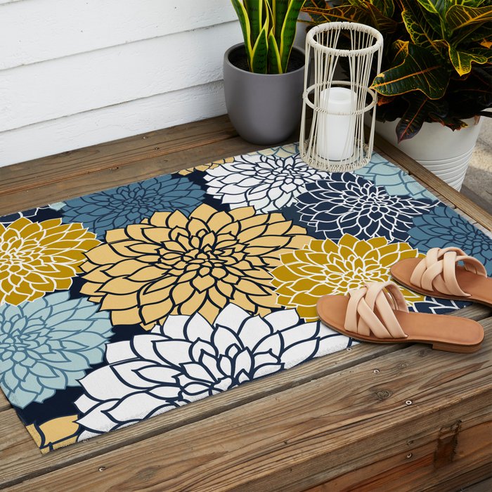 Chrysanthemum Willow, Floral Prints, Blue and Yellow Outdoor Rug Gallery Image 2