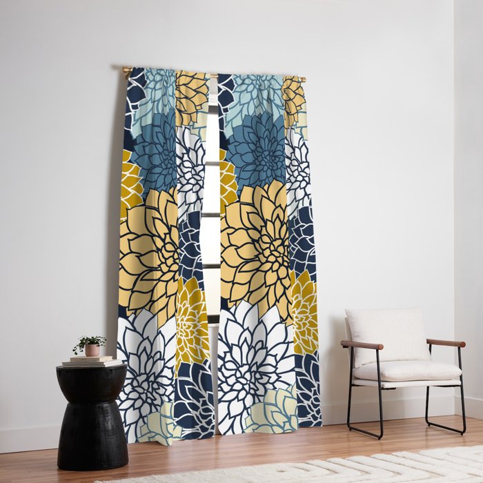 Chrysanthemum Willow, Floral Prints, Blue and Yellow Window Curtain Gallery Image 2