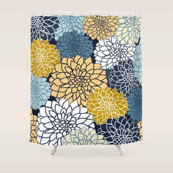 Chrysanthemum Willow, Floral Prints, Blue and Yellow Shower Curtain Gallery Image 1