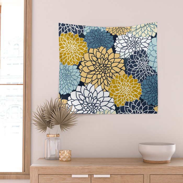 Chrysanthemum Willow, Floral Prints, Blue and Yellow Wall Tapestry Gallery Image 2
