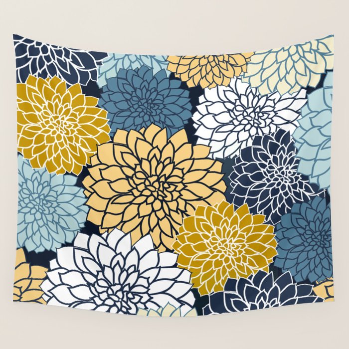 Chrysanthemum Willow, Floral Prints, Blue and Yellow Wall Tapestry Gallery Image 1