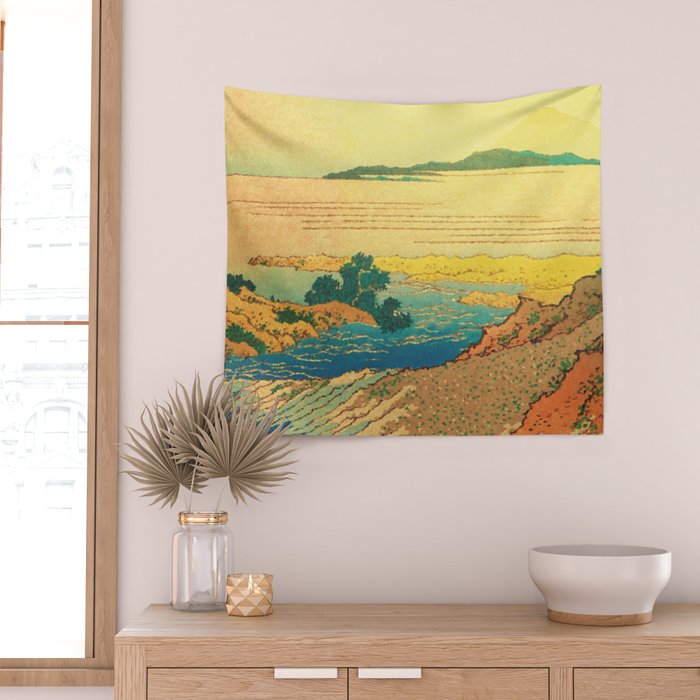 Waters of Goh - Ocean Nature Landscape in Yellow and Blue Wall Tapestry Gallery Image 2