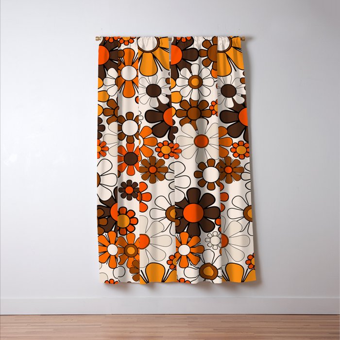 Groovy 70s Retro Garden Floral Pattern in Vintage Brown and Orange Window Curtain Gallery Image 3