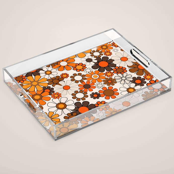 Groovy 70s Retro Garden Floral Pattern in Vintage Brown and Orange Acrylic Tray Gallery Image 1