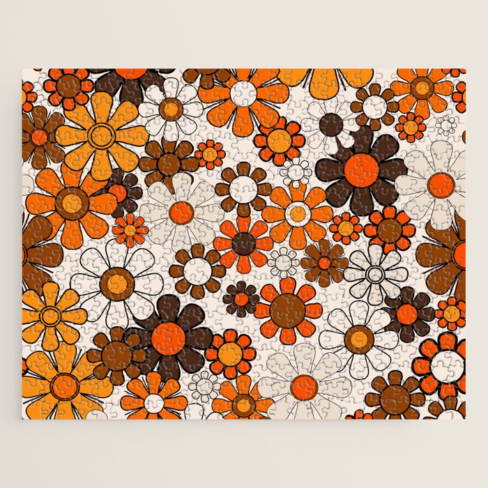 Groovy 70s Retro Garden Floral Pattern in Vintage Brown and Orange Jigsaw Puzzle Gallery Image 1