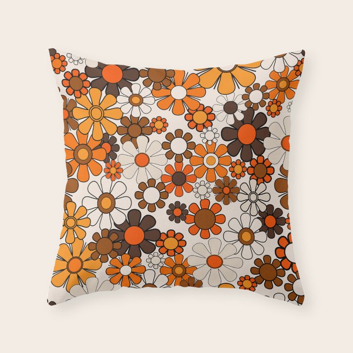 Groovy 70s Retro Garden Floral Pattern in Vintage Brown and Orange Throw Pillow Gallery Image 6