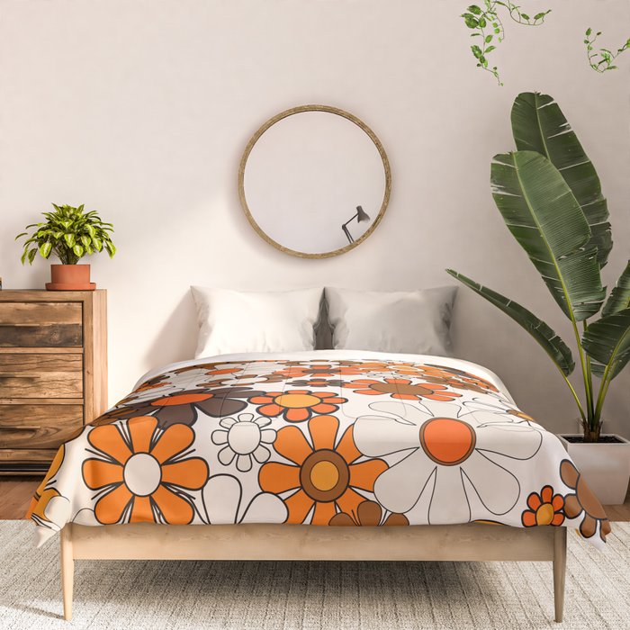 Groovy 70s Retro Garden Floral Pattern in Vintage Brown and Orange Comforter Gallery Image 3
