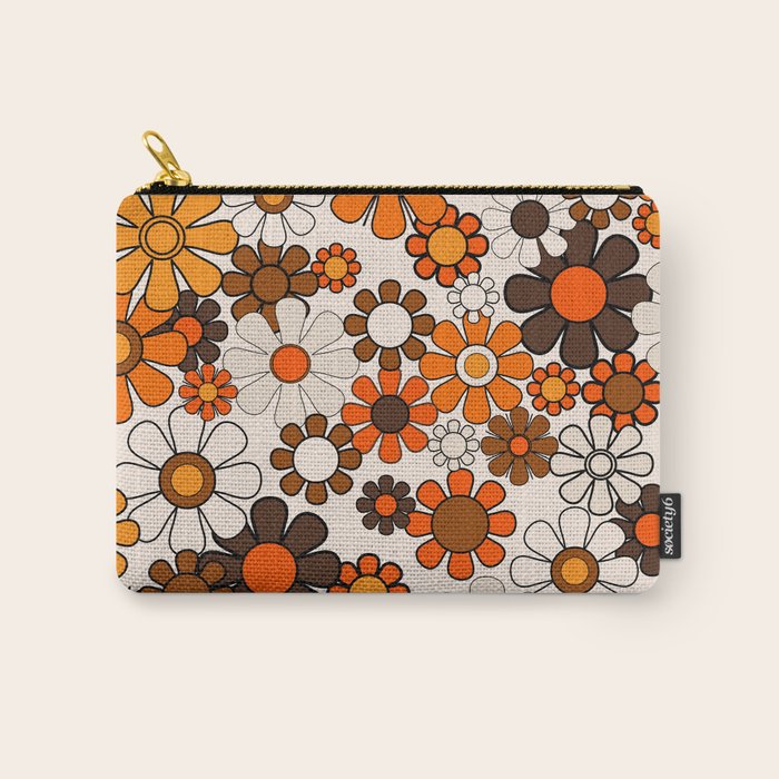 Groovy 70s Retro Garden Floral Pattern in Vintage Brown and Orange Carry All Pouch Gallery Image 1