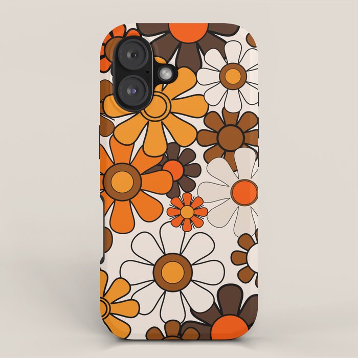 Groovy 70s Retro Garden Floral Pattern in Vintage Brown and Orange iPhone Case Gallery Image 1