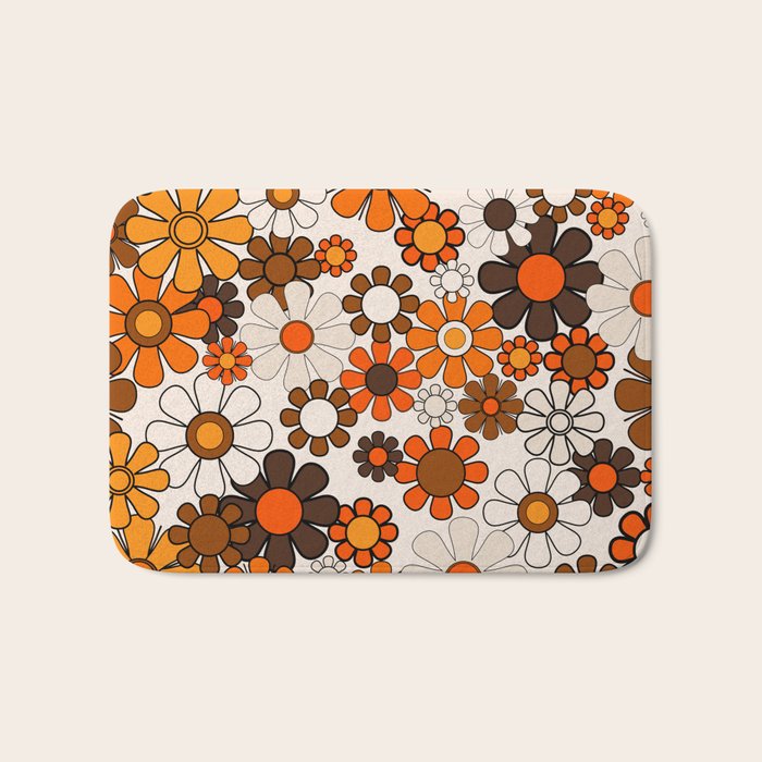 Groovy 70s Retro Garden Floral Pattern in Vintage Brown and Orange Bath Mat Gallery Image 1